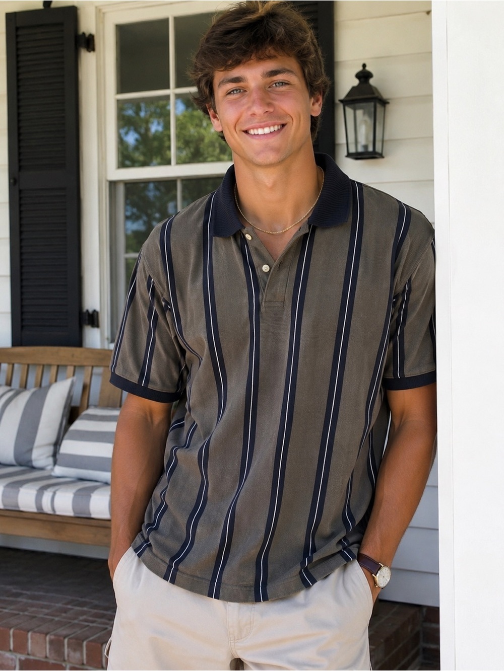 Catalina Men's Vertical Stripe Polo - Khaki & Navy